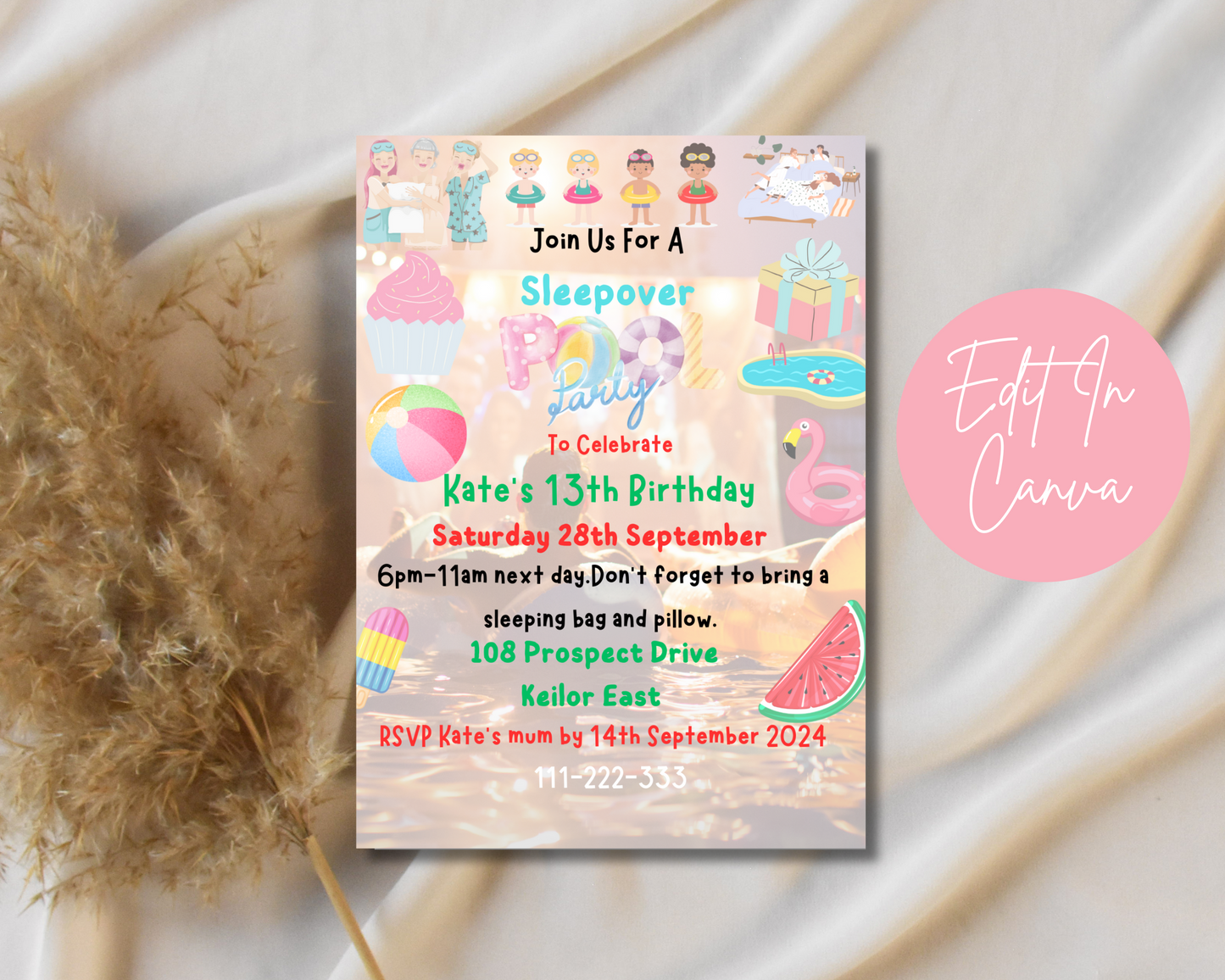 Sleepover Pool Party Invitation Print & Mobile