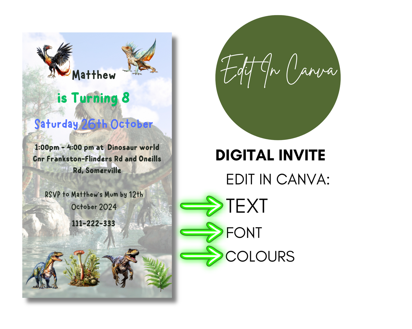 Boys Dinosaur Birthday Party Invitation in Print and Digital