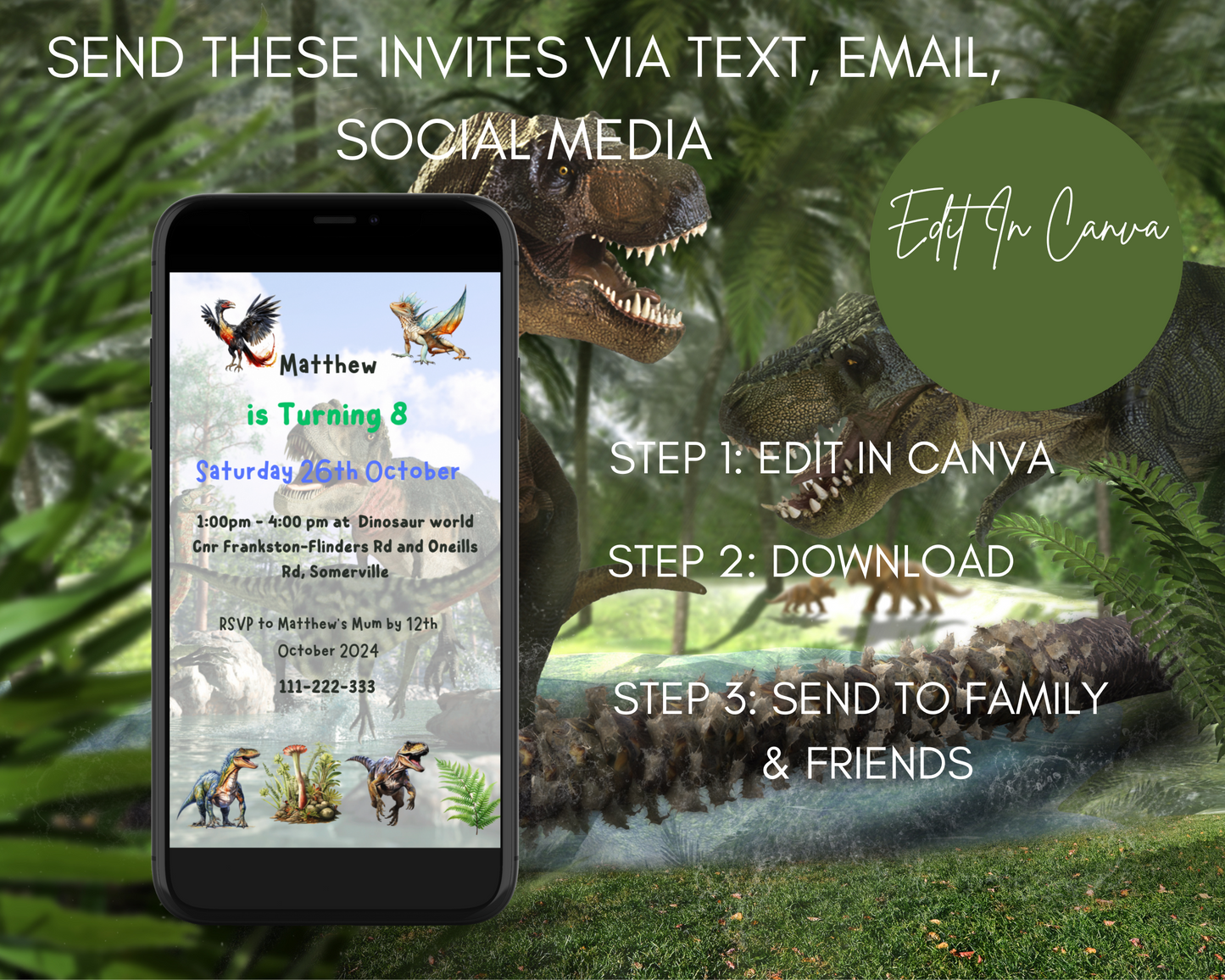 Boys Dinosaur Birthday Party Invitation in Print and Digital